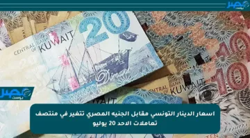 أسعار الدينار التونسي مقابل الجنيه المصري تتغير في منتصف تعاملات الأحد 20 يوليو